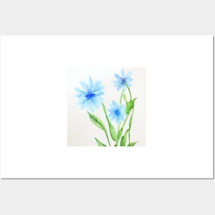 Blue Watercolor Flower Posters and Art